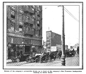 November 1910: PG&E's offices at 445 Sutter drew a remarkable 43 automobiles along the street -- a snapshot of downtown San Francisco in the early 20th century.